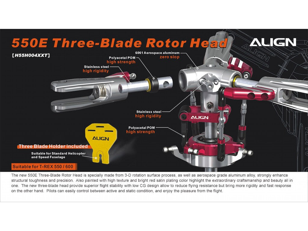Align T-Rex 550E/600 Three-Blade Rotor Head : H55H004XXT - Midland ...