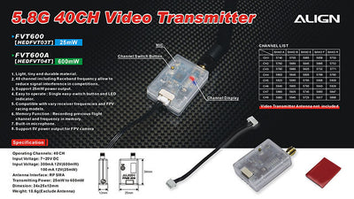 Align 5.8ghz Video Transmitter (600mw/40 Channel) : HEDFVT04T